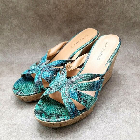 Fashion Bug Womens Snake Sz 9.5 M Blue Open Toe Slide 4" Wedge Sandals - Picture 3 of 12